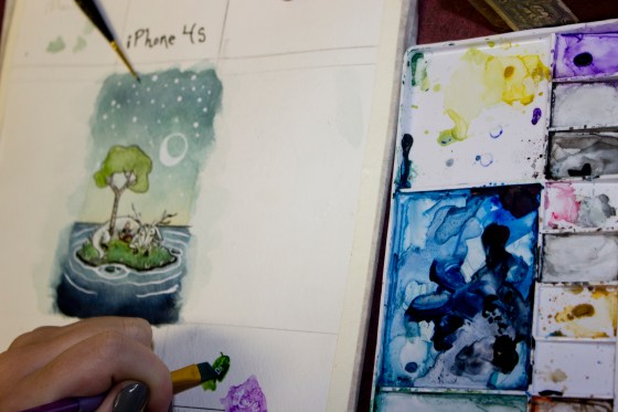 Many students have ben experimenting with mixed media pieces. This water colour painting will be enhanced in photoshop.